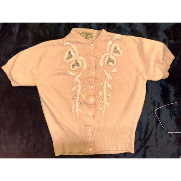 VINTAGE PEACH BALMORAL CASHMERE RHINESTONES & RIBBON TRIM CARDIGAN SWEATER - Picture 8 of 11